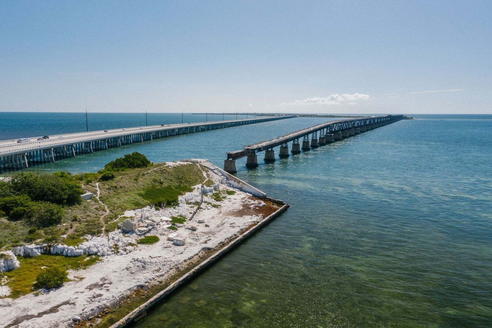 Two parallel bridges crossing open water in the Florida Keys